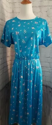 Womens Vintage Blue  Calico Floral Dress Fit Flare Elastic Waist See Sizing Poly • $21.99