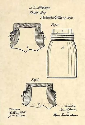 Official Mason Jar US Patent Art Print - Vintage 1870 Fruit Jam - Antique 189 • $12.77