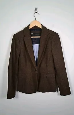 Zara Lambs Wool Brown Tweed Hacking Equestrian Elbow Patch Blazer Jacket Large  • £49.99