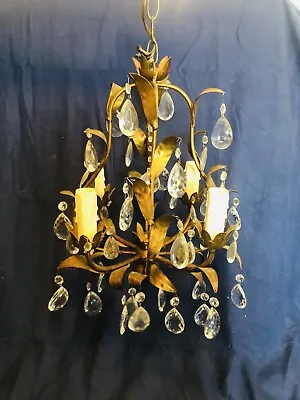 Vintage Ornate Brass And Crystal Bronze Tole Leaves Chandelier Made In Spain • $300