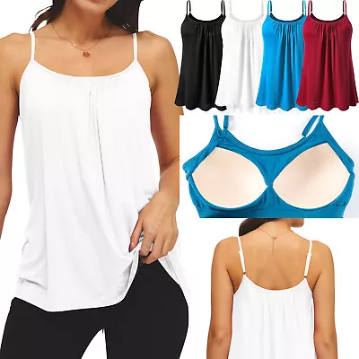 Women Flowy Tank Top Loose Fit Camisole With Built In Bra Sleeveless Vest Summer • £6.79