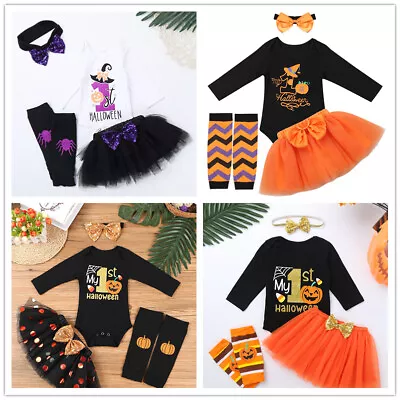 Baby Girl Halloween Romper Tutu Skirt Outfit Set Infant Pumpkin Jumpsuit Costume • $6.34