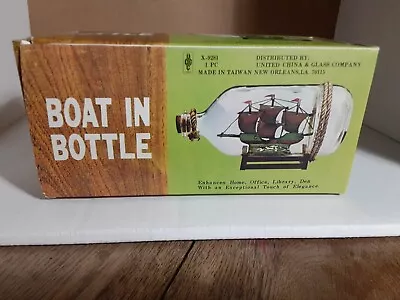 Vintage Small Ship In A Bottle  3 Mast Sailing Ship On Wooden Stand Original Box • $24