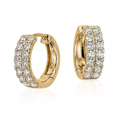 Iced Cz Two Row Cz Yellow Gold Plated Sterling Silver Men's Hoop Earrings • $23.99