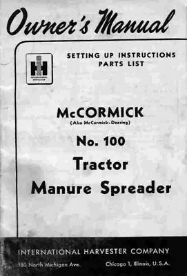 Tractor Operator Service Parts Manual Ih Mccormick-deering No. 100 Manure Spread • $18.23