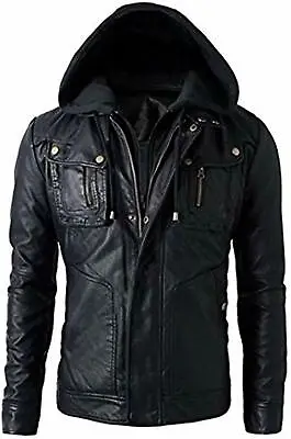 Men's Genuine Black Lambskin Leather Jacket Hooded Motorcycle Biker Jacket -027 • $107.99