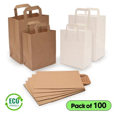 £10.94 • Buy 100 X Kraft Paper Bags With Handles Brown White Food Carrier Takeaway Gift Party