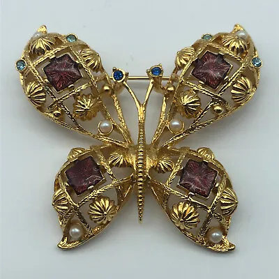 Vintage Avon Gold Tone Purple Rhinestone Faux Pearl Butterfly Brooch • $9.74