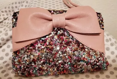 Betsey Johnson Pink Faux Leather Multicolor Sequin Bow Zip Pouch Wristlet Clutch • $4