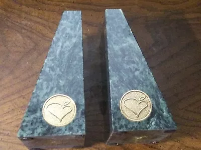 Pair Of Green Marble Book Ends 6'' With Protective Felt Base Brass Emblem 🔥 • $75