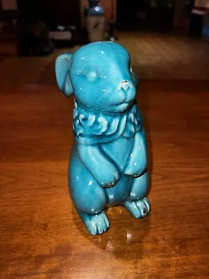 ANTIQUE BLUE MAJOLICA BUNNY RABBIT FIGURINE POTTERY No Chips Or Cracked • $25