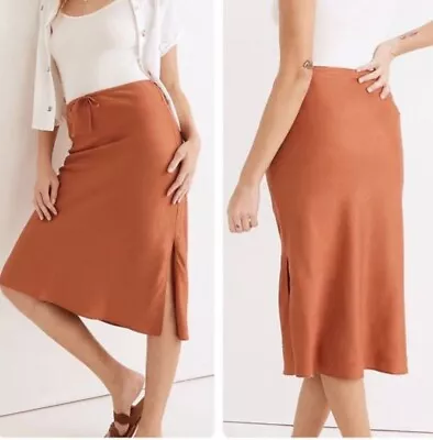 NWT Madewell Linen Slip Skirt Coral Rust Size 6 Bias Cut Drawstring MIDI • $29