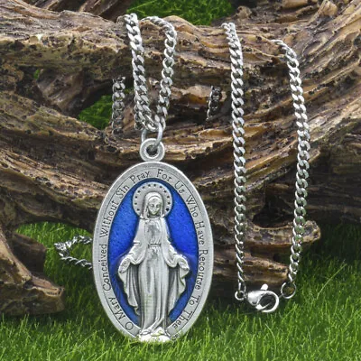 Large 1 3/4  Blue Miraculous Medal Mary Pendant Necklace Italy W 24  Curb Chain • $14.99