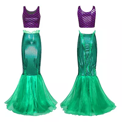 US Women 2 Piece Mermaid Costume Shiny Crop Tank Top With Skirts Halloween Party • $24.68