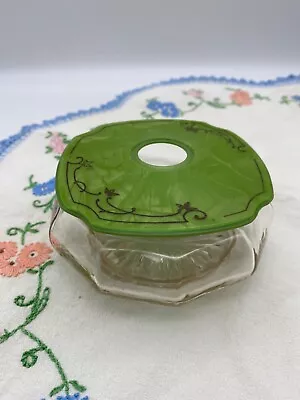 Vintage Deco Hair Receiver Jar Glass Vanity Powder Celluloid Green With Lid • $9.95