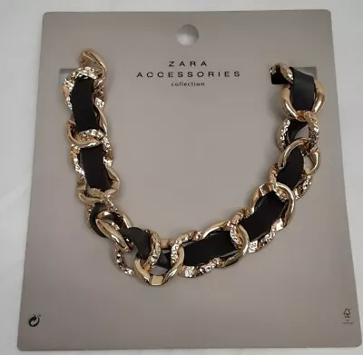 $13.99 • Buy ZARA Collection Large BLACK/Gold Chain With Leather Accent Necklace AC27E