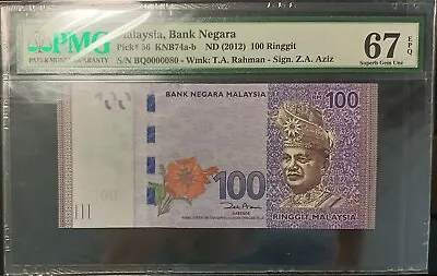 Malaysia Banknote Rm100 Pmg67epq Low Number Bq0000080 Zeti Gabenor • $128