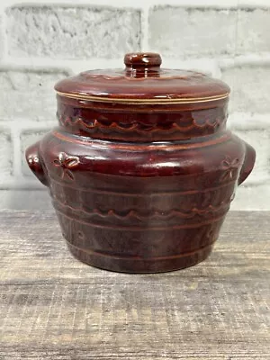 Vtg 7  Marcrest Brown Bean Pot With Lid * Daisy Dot Design * Stoneware * Oven • $20.99