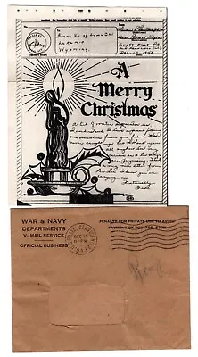 1943 WWII Illustrated V-Mail Shore Patrol HQ Merry Christmas W/ 12/25 Postmark • $17.50