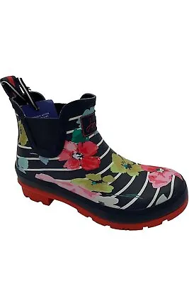 Joules Waterproof Ankle Rain Boots Wellibob Blue Stripe Floral • $39.99