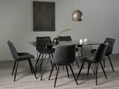 Miro Tempered Glass 6 Seat Dining Table & 6 Seurat Dark Grey Faux Suede Chairs • £715