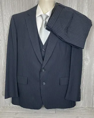 Vtg Hart Schaffner Marx Navy Wool Poly Striped 3pc Suit 40-42 Pants 33x32 (t11) • $75