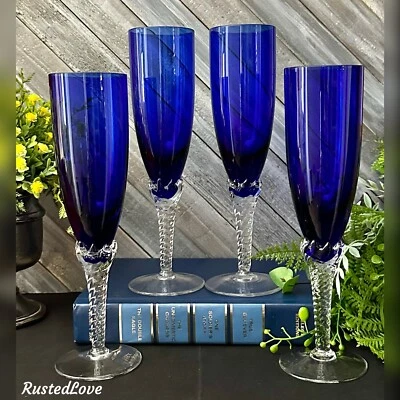 $62 • Buy Champagne Flutes Cobalt Blue Vintage Champagne Toasting Glasses Royal Blue Set 4