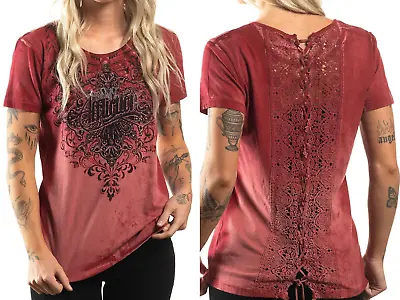 Affliction Women's “AMBER CREEK” Short Sleeve Lace-up Back T-shirt NWT • $56.03