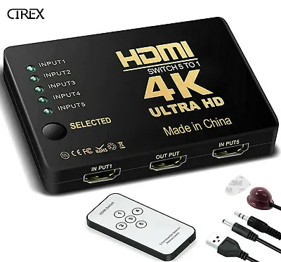 5 Way 4K Ultra HD HDMI Switch Splitter HDTV Auto 5 Port IN 1 OUT Remote Control • $19.90