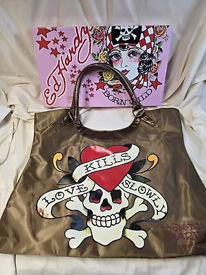 Don Ed Hardy Oversized Brown  Love Kills Slowly  Shoulder Bag Tote Purse 17  • $21