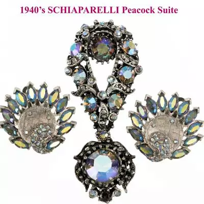Schiaparelli PEACOCK Aurora Borealis Rhinestone Brooch & Earrings Set Rhodium • $1.25