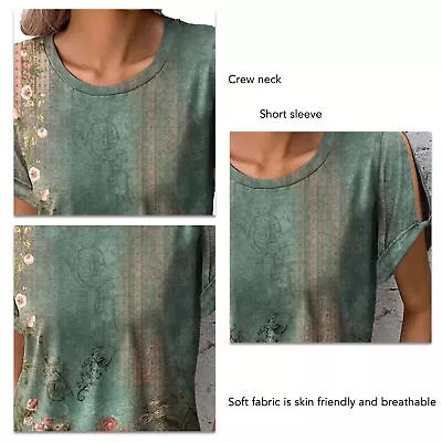 Short T Shirt Floral Print Crew Neck Cut Out Dressy Pullover Top(Green M) ZZ1 • $25.50