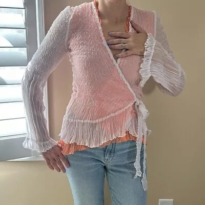 Vintage Y2K Cache Sheer Crinkle Wrap Top Soft Orange White Fairy Small • $40