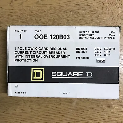 Square D 20amp 30ma Rcbo Qoe120b03 1 Pole Type B B20 Qoe B20 • £80