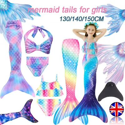 Kid Mermaid Tail With Monofin Swimmable Bikini Set Swimsuit Swimming Costume Set • £12.49