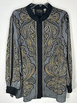 Bob Mackie Wearable Art Top 2X Scarf Print Tunic Blouse Button Up Black Gray NEW • $27.50