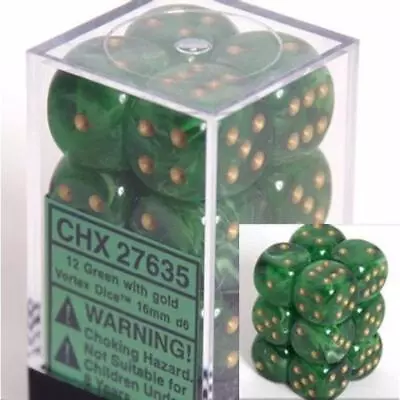 Chessex Dice D6 Set 16mm Vortex Green W/ Gold 6 Sided Die 12 Sets CHX 27635 • $9.78