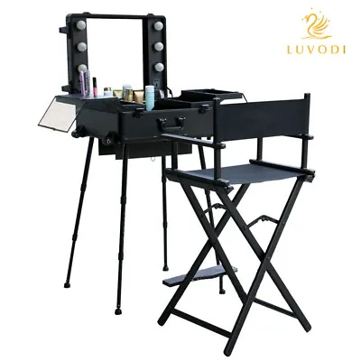 Black Professional Make Up Artist Rolling Studio Stand Cosmetic Case With Lights • £239.92