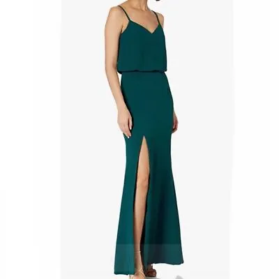 Dress The Population Gracelyn Blouson Jersey Maxi Gown Thigh High Slit Pine S • $200