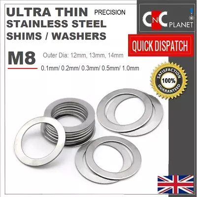 M8 Ultra Thin Washers Shims Spacer Flat Precision Gasket Stainless Steel Din 988 • £5.25