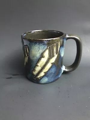 Mara Blue & Brown Glazed Ceramic Coffee Tea Mug With Feather Design • $18.95