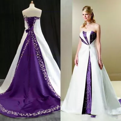 Gothic White And Purple Wedding Dresses Embroidery Medieval Satin Strapless Gown • $143.03