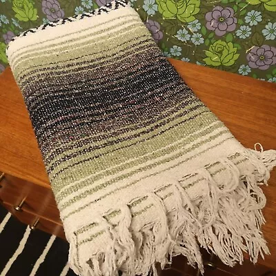 Green Grey Mexican Woven Stripy Falsa Yoga Blanket Throw • £23.99