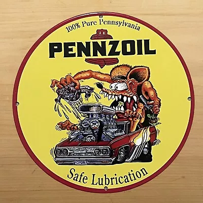 Vintage Pennzoil Porcelain Sign Gasoline Oil Service Station Pump Plate Rat Fink • $118.97