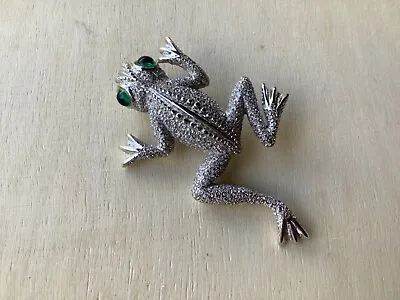 Vintage Monet Frog Brooch Pin Cabochon Green Eyes Textured Silver Tone Signed • $35