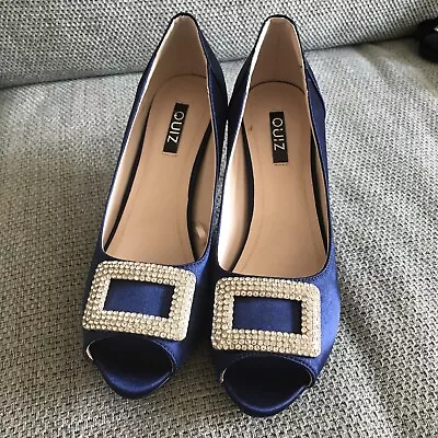 New Quiz Blue Satin High Heeled Shoe Diamanté Buckle Size 4 Formal /Dress • £10