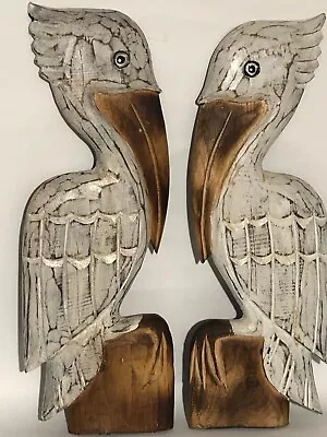 $25 • Buy 20” Pelican Set Of 2 Hand Carved Wood Birds Wall Art Patio Home Island Decor