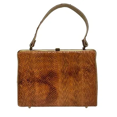 Vintage Snakeskin Top Handle Satchel Handbag In Cognac Brown • $55