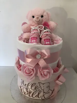 Nappy Cake Two Tier Girl 0-3 Months. Pink. Soft Toy Baby Shower Leavers Gift • £29.99