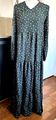 Bohemian Dress Women's XL Maxi Prairie Tiered Dark Green Floral V Neck Flower • $18.88